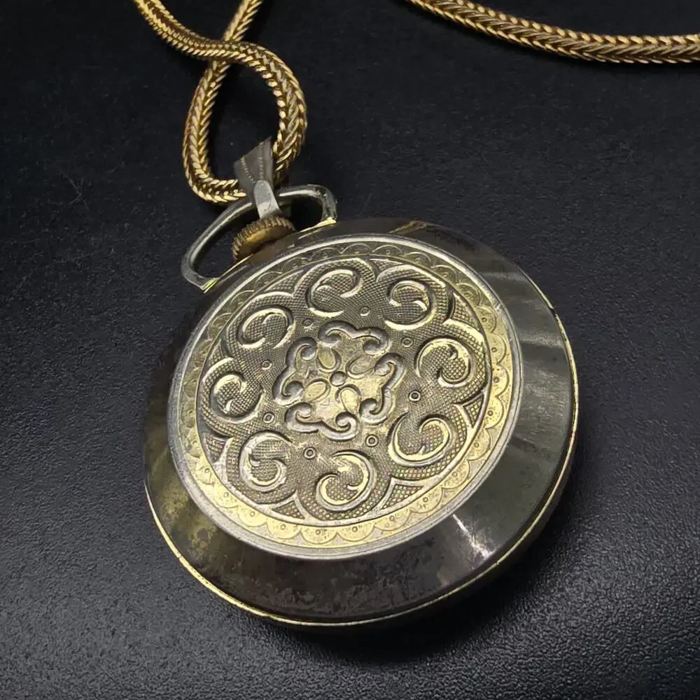 Vintage Harvester Watch Pendant Necklace Gold Tone Mechanical WORKS
